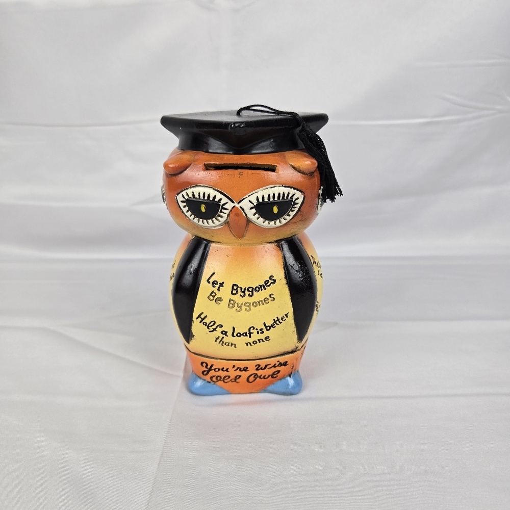 Vtg Owl Piggy Bank Japan Lego Wise Old 4-Sided Proverbs Graduation Cap Tassel